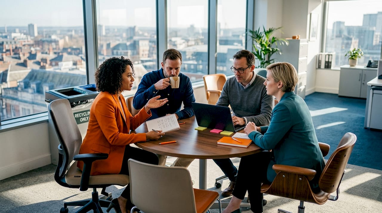 Small group collaborating in corner office meeting