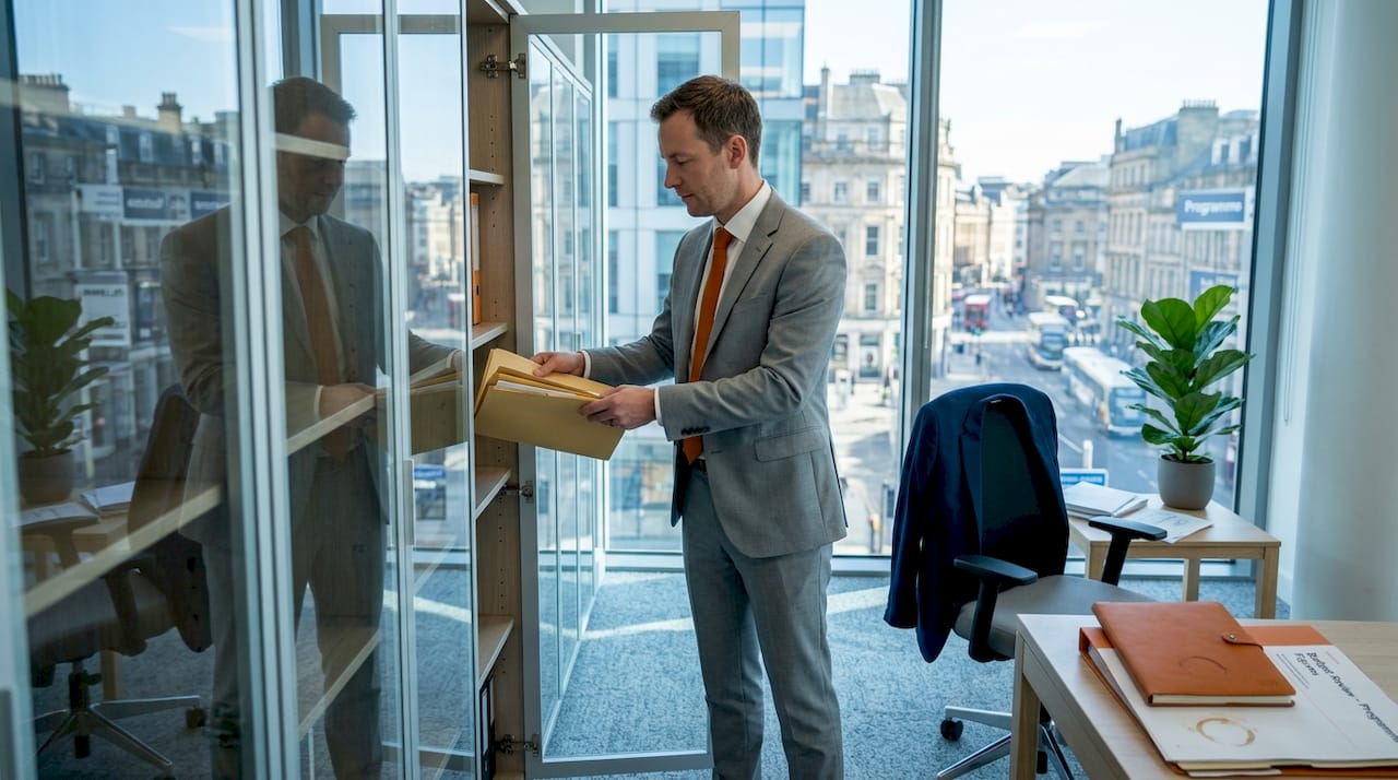 Office manager using glass storage cabinets