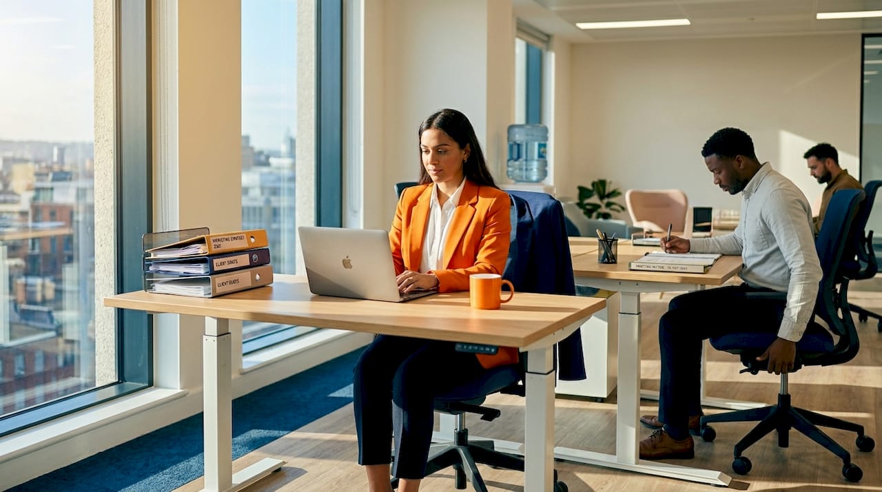 Team working in bright open-plan corner office