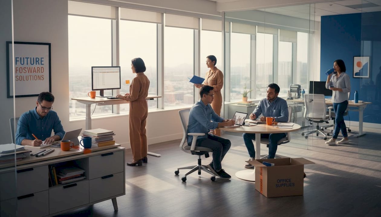 Professionals working in bright hybrid team office