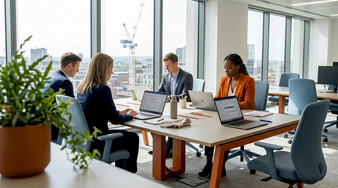 Team working together in bright workspace