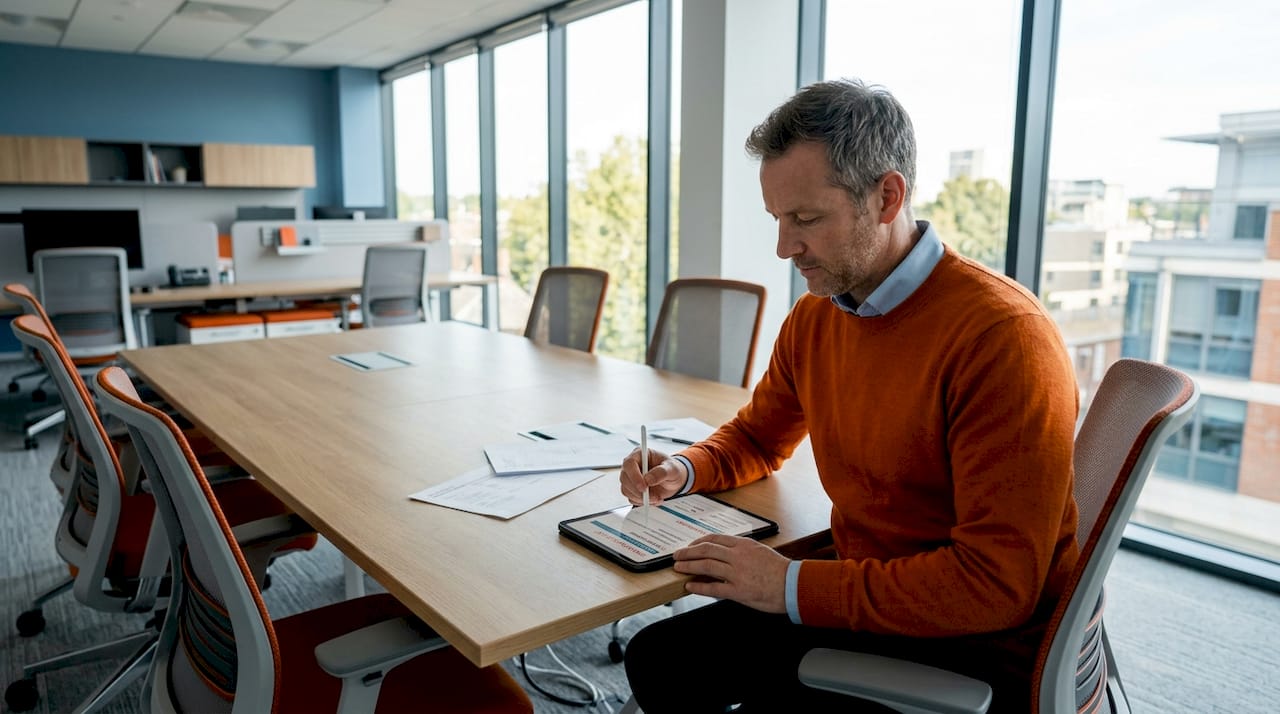 Office manager reviews new furniture bundle order
