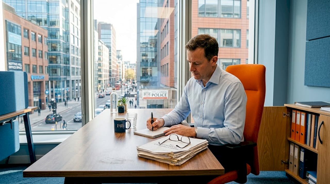 Manager at desk in corner office with branded furniture