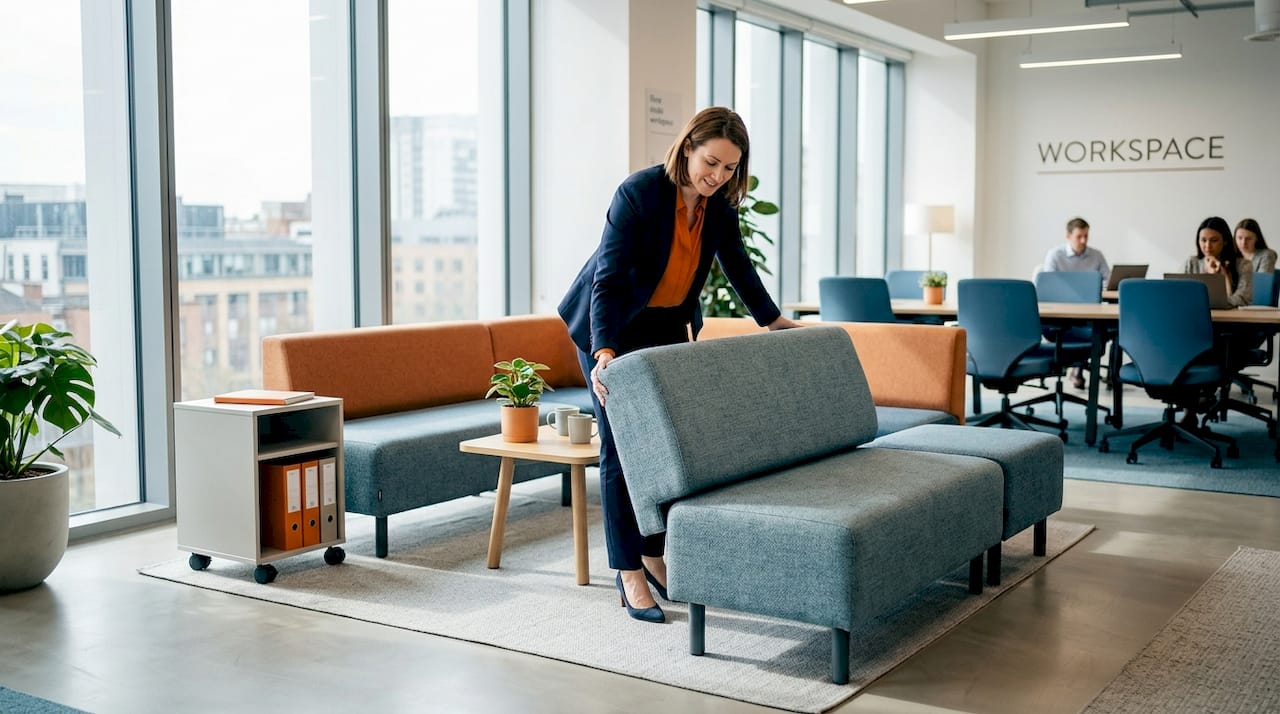 Modular seating rearranged in open office