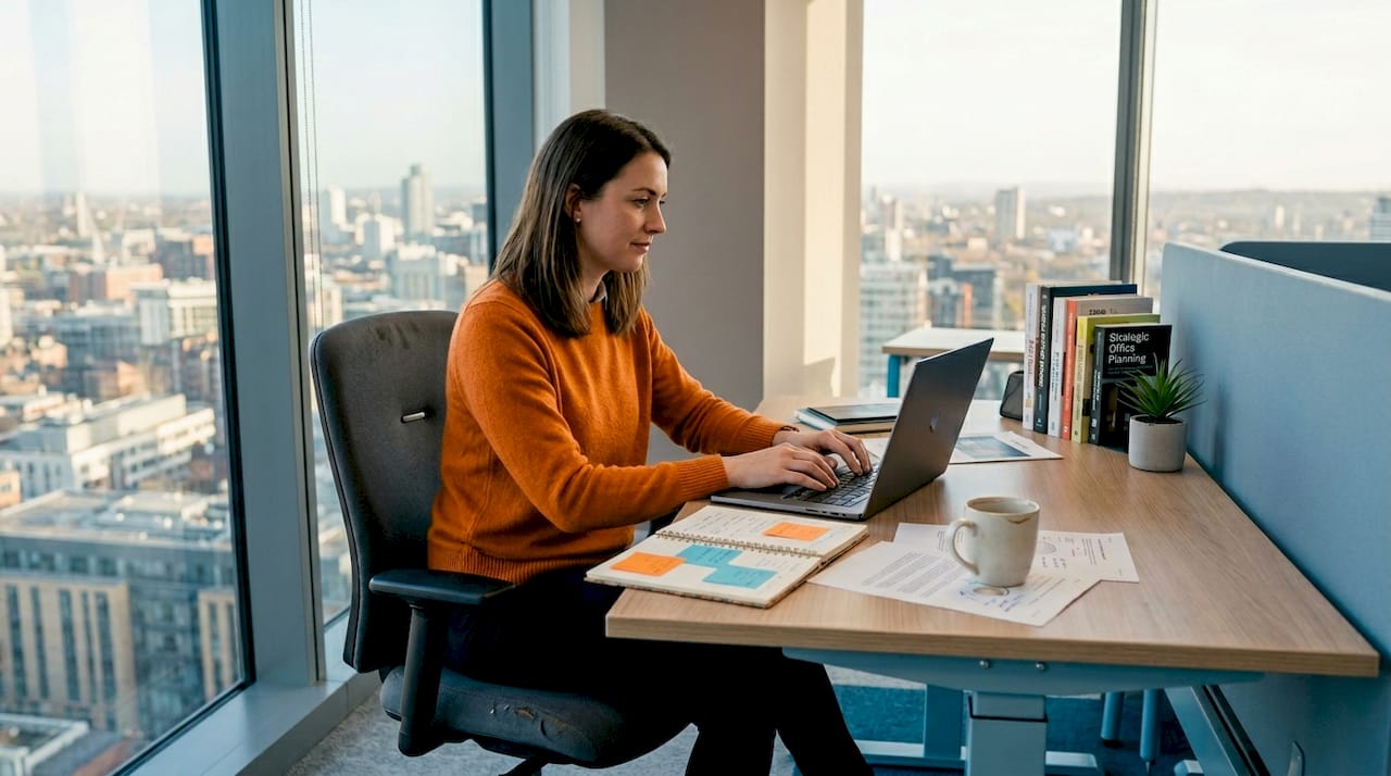 Woman working at standing desk in sunlit office