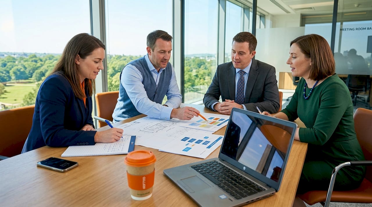 Team reviewing office fit out workflow in meeting