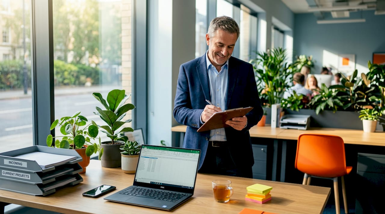 Office manager organizing tidy UK workspace