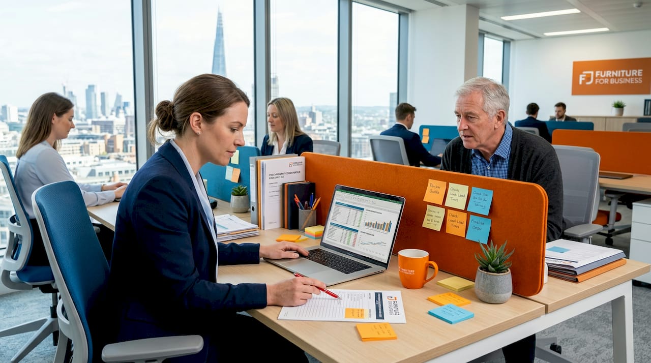 Procurement team reviewing office supply checklist