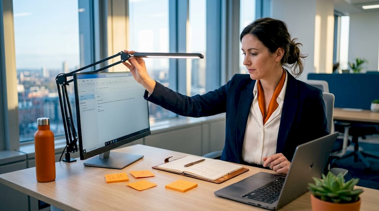 Employee adjusting desk lamp in sunny office
