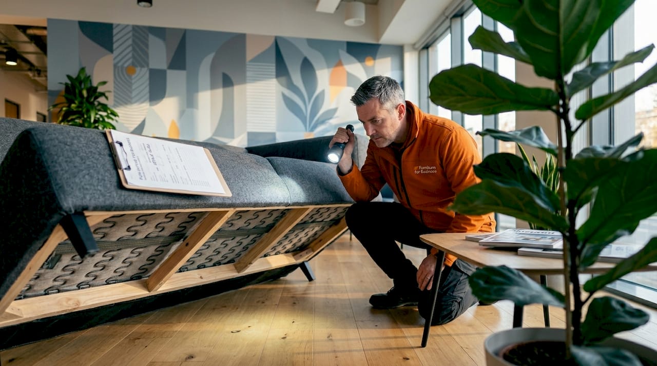 Manager inspecting commercial sofa frame and construction