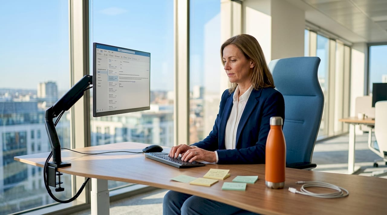 Professional using monitor arm in modern office