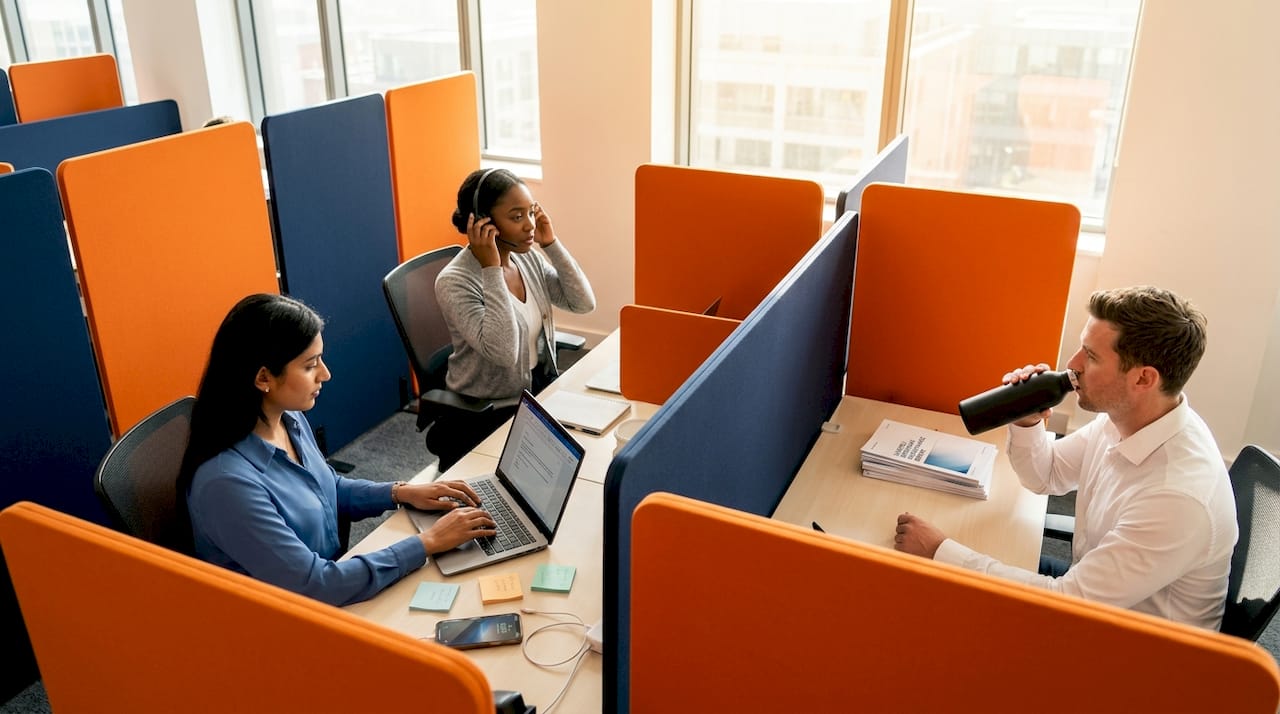 Open office with people working and acoustic panels