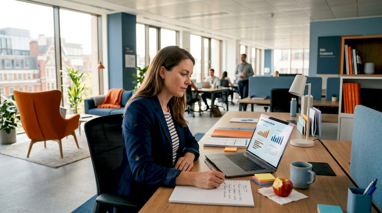 Professional reviewing workspace data in corner office