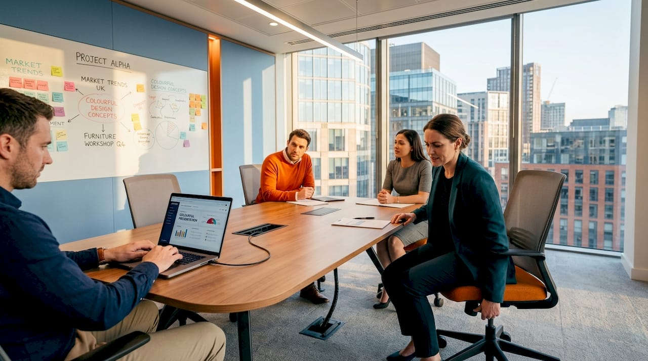 Professionals collaborate in modern office meeting room