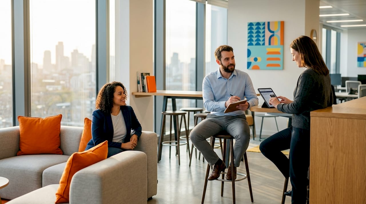 Office staff using varied breakout furniture