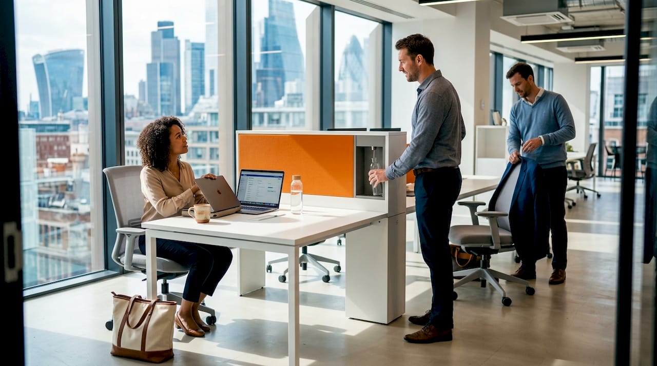 Employees choosing desks in open-plan office
