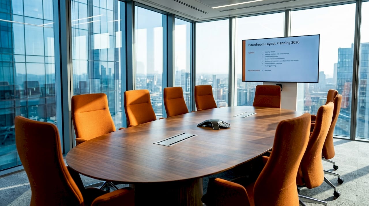 Wide view of a modern corporate boardroom