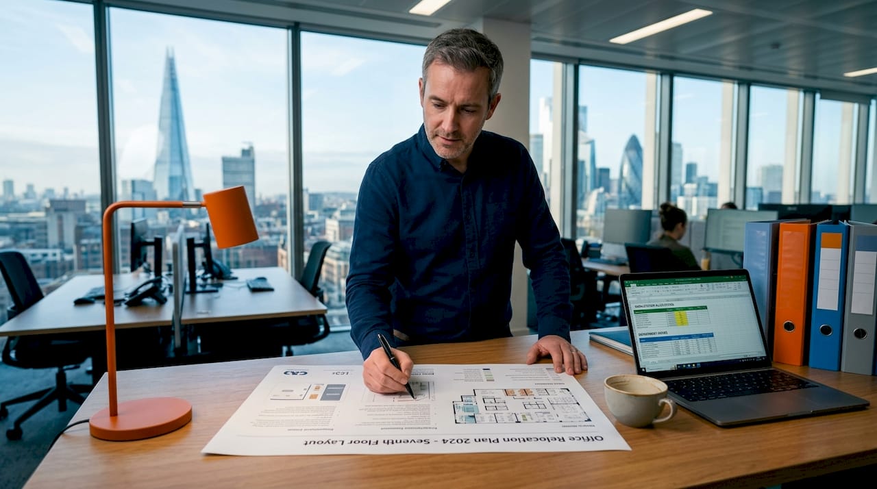 UK office manager reviewing office setup plan