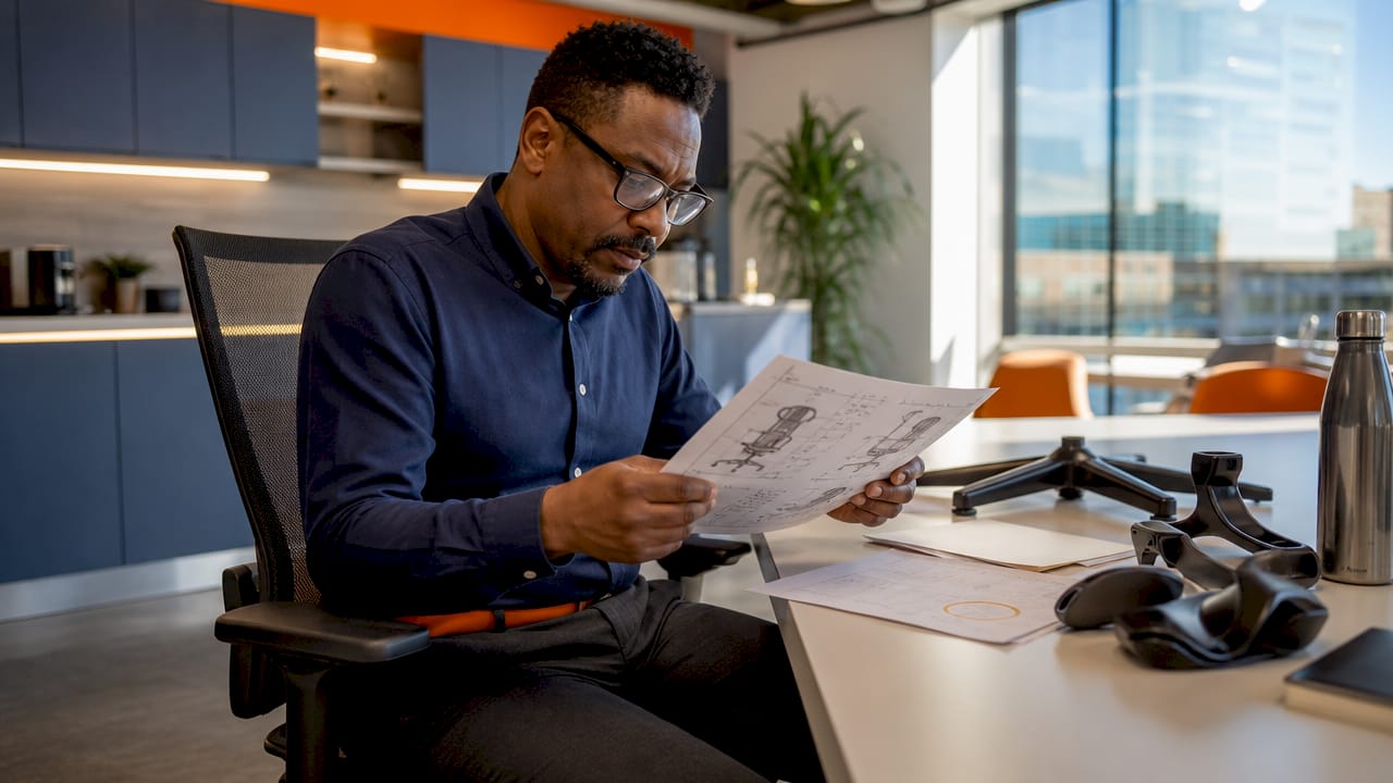 Man reviewing office furniture standards document