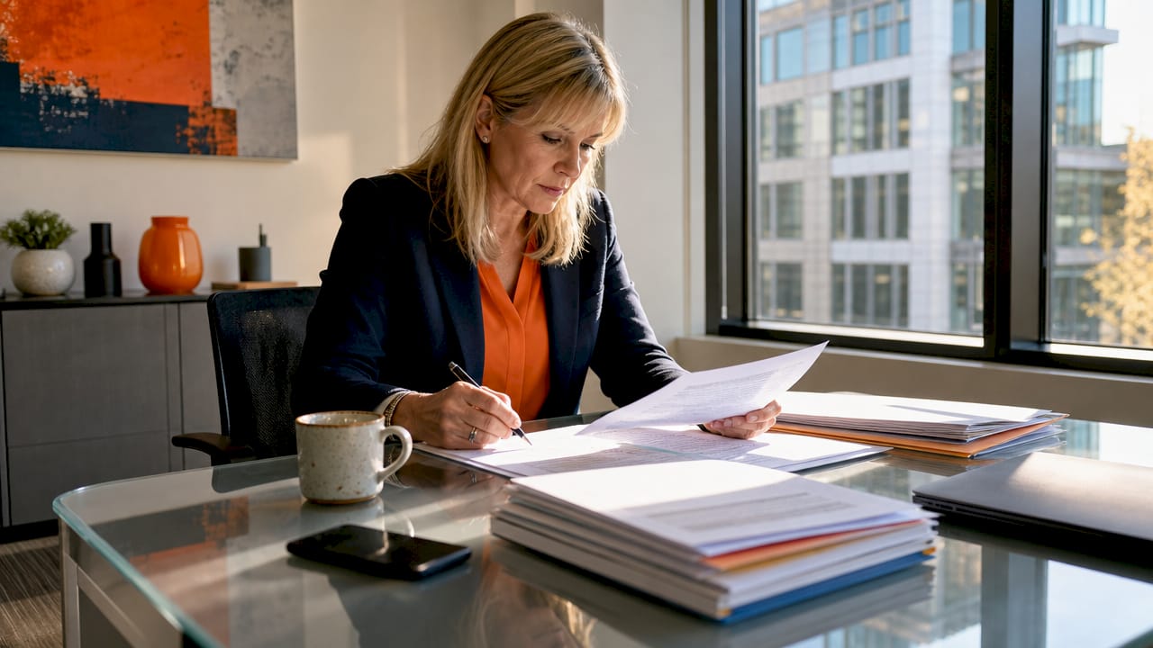 Businesswoman reviewing compliance documents in UK office