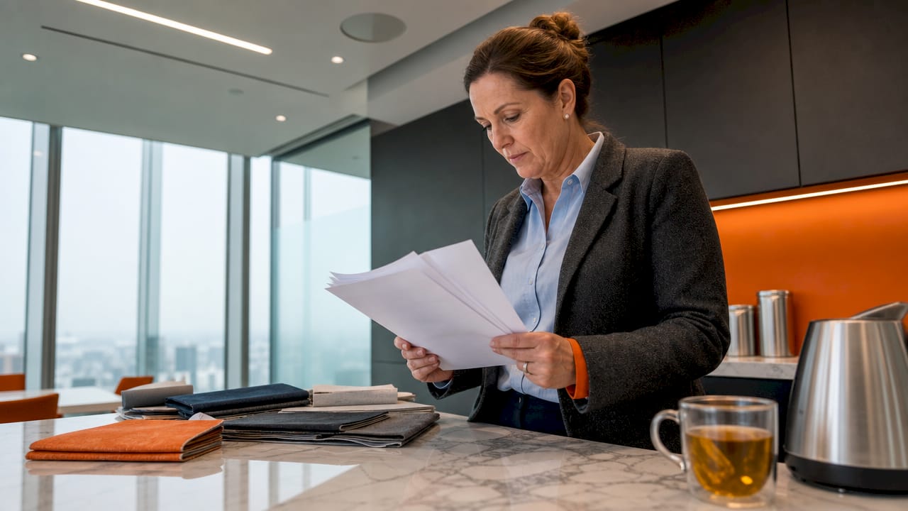 Office manager reviewing furniture lifecycle reports