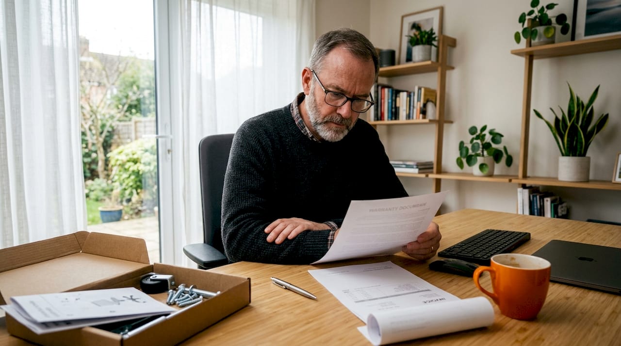 Business owner reviewing printed furniture warranty document