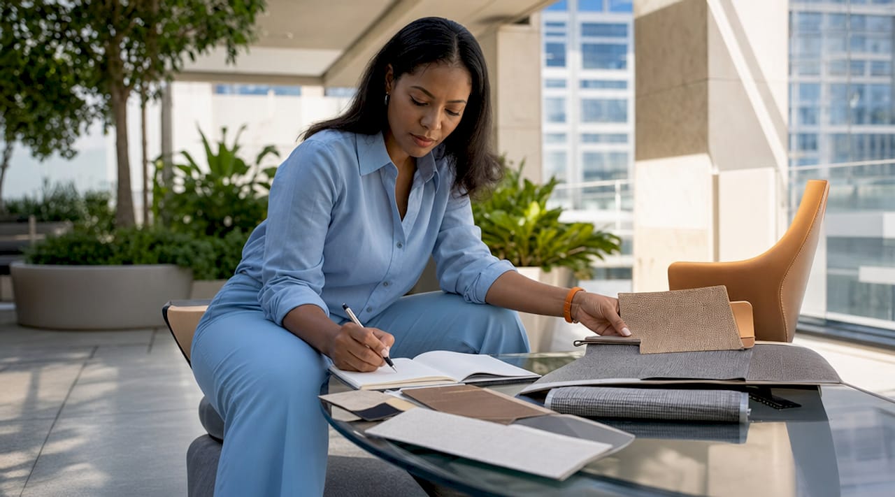 Interior designer reviewing contract seating samples in office