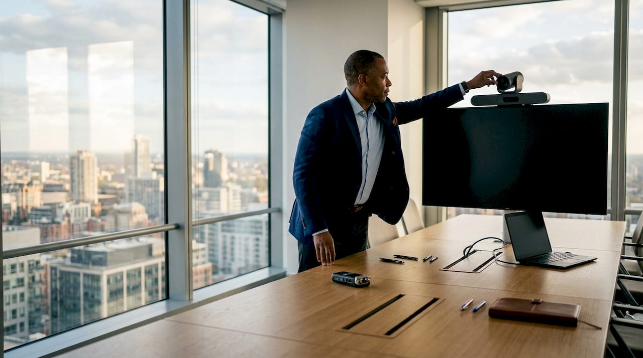 Executive adjusting boardroom video conferencing setup