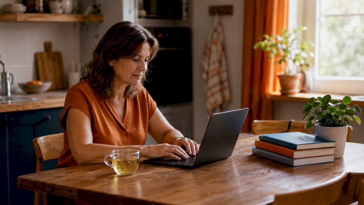 Woman working in cozy home office corner