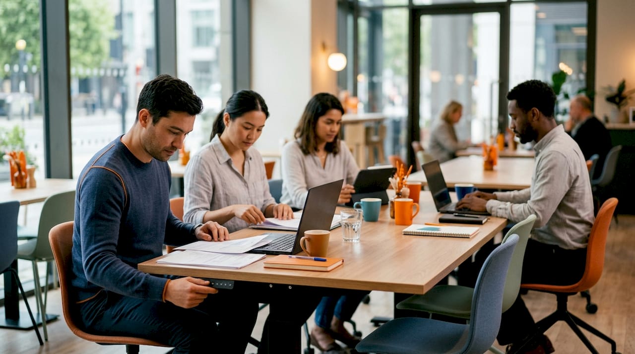 Open-plan office with bench desking setup