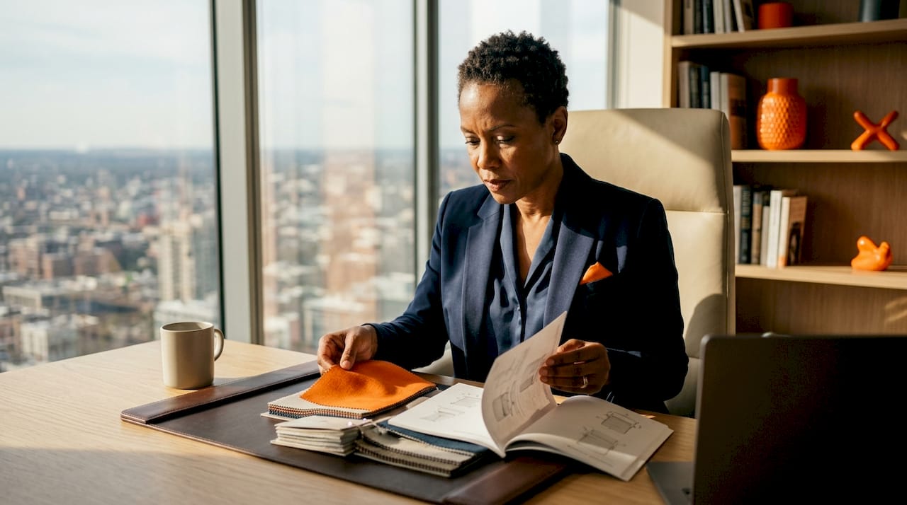 Executive woman assessing C-level office chair