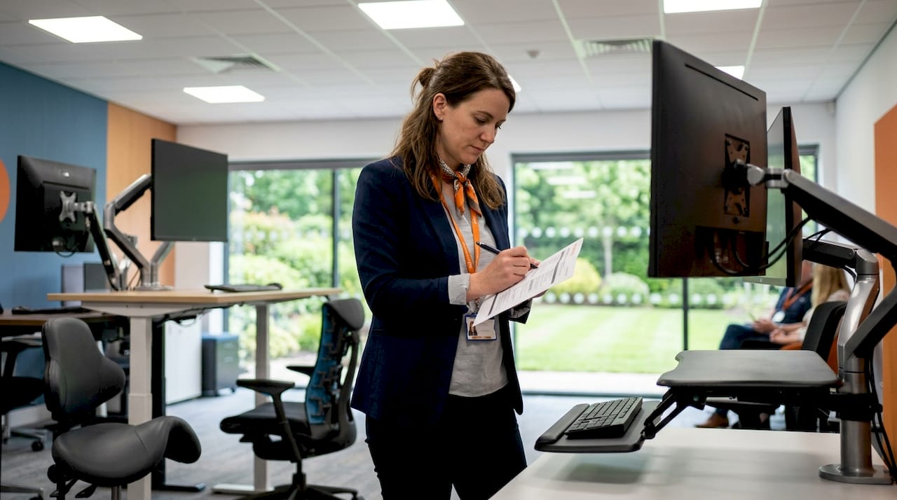 Specialist reviewing ergonomic workspace checklist