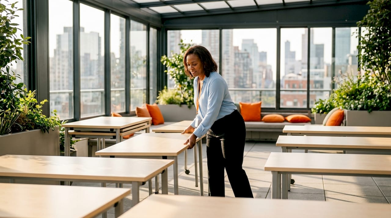 Office manager arranging stackable meeting tables