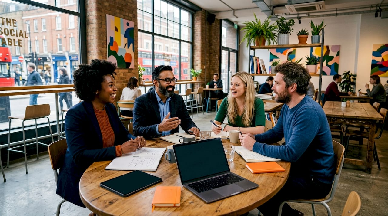 Team collaborating around modular office furniture