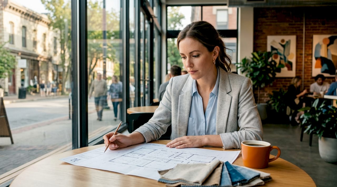 Interior designer reviewing office furniture plan