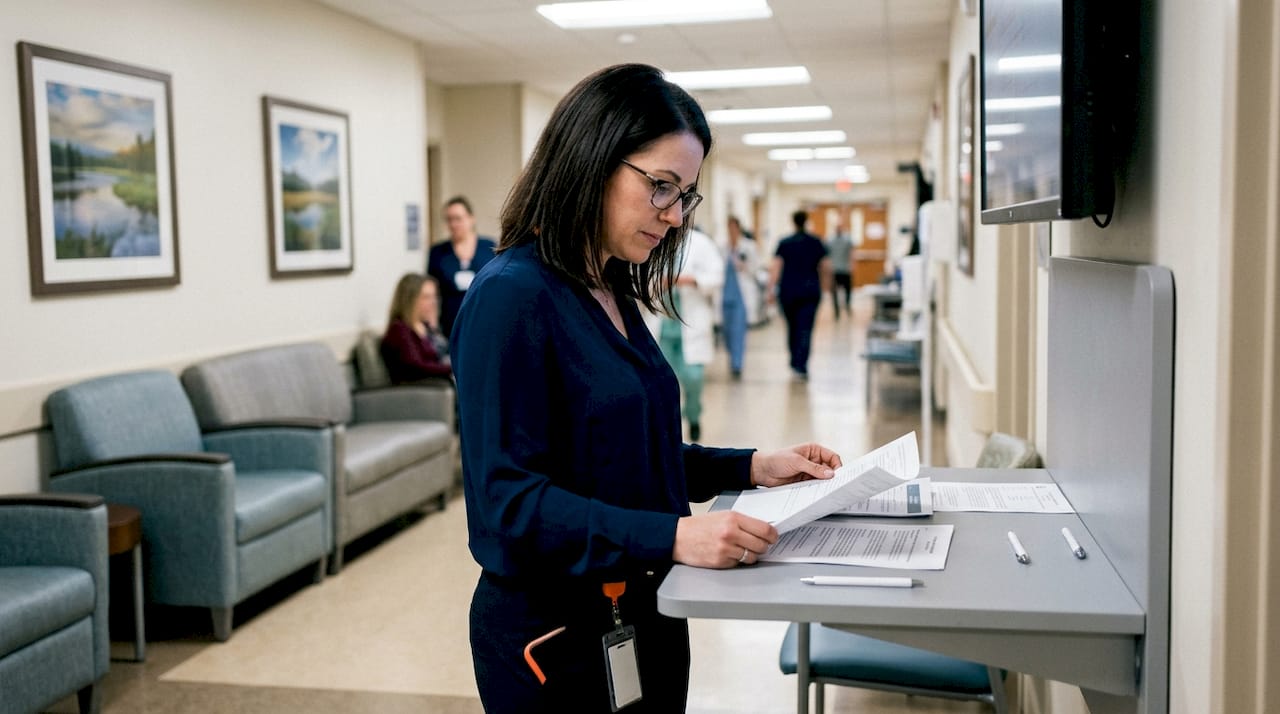 Healthcare officer reviewing compliance paperwork