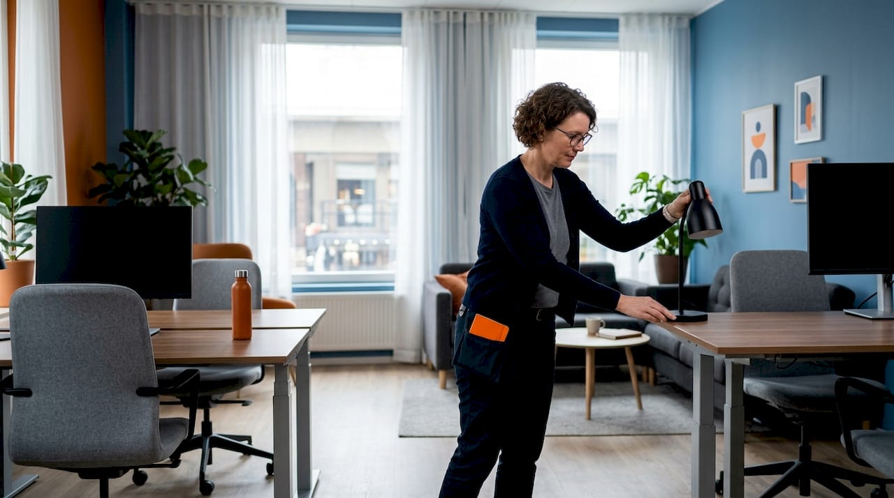 Facilities manager arranging ergonomic office furniture