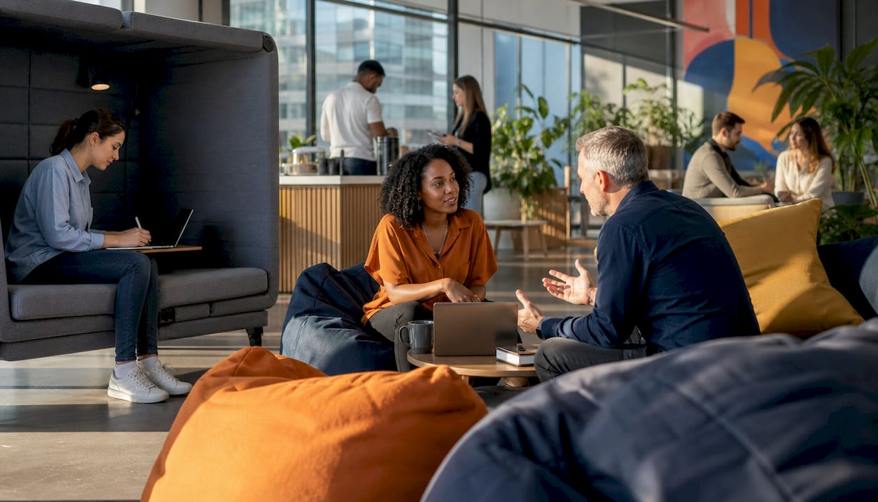 Wide coworking floor plan with multiple zones