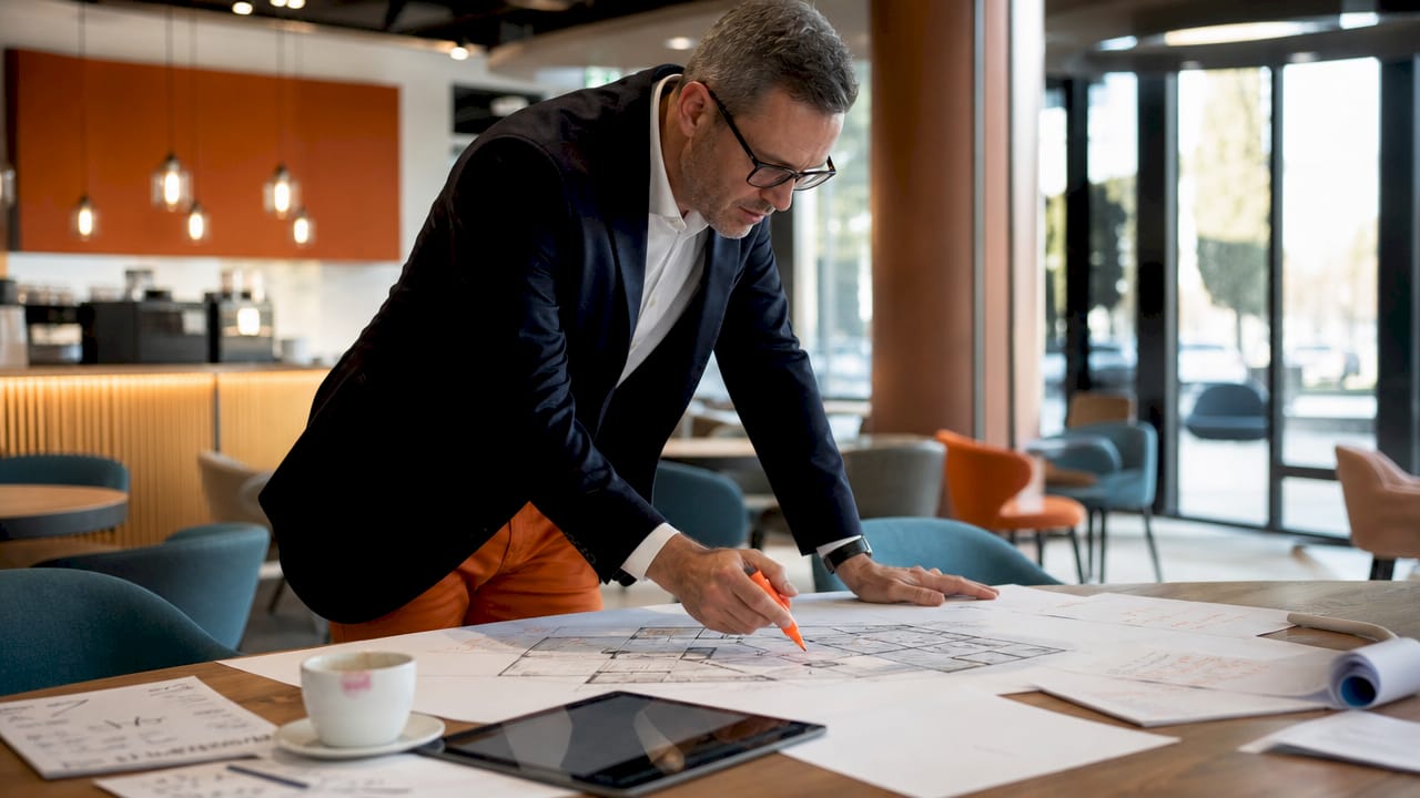 Manager reviewing office utilisation floor plan
