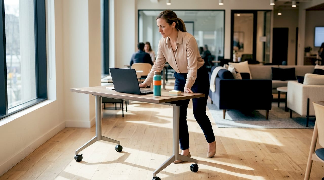 Woman rearranging office reconfigurable desk