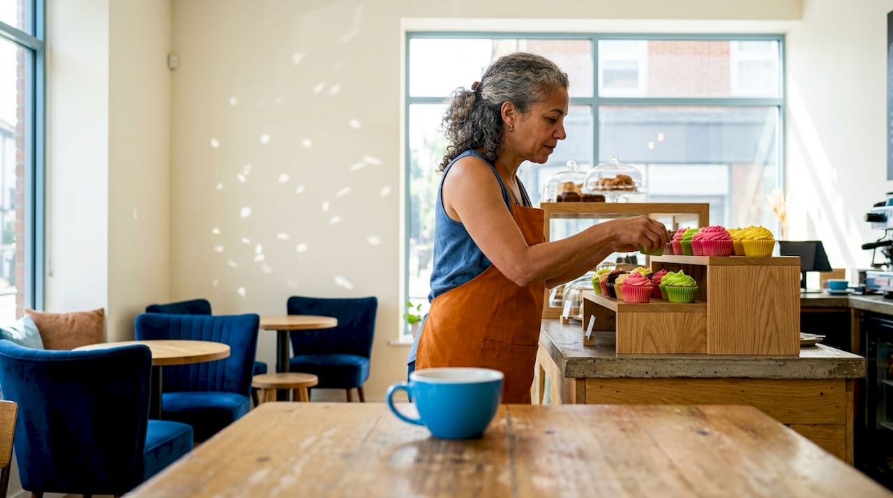 Warm, inviting cafe interior with barista and pastries