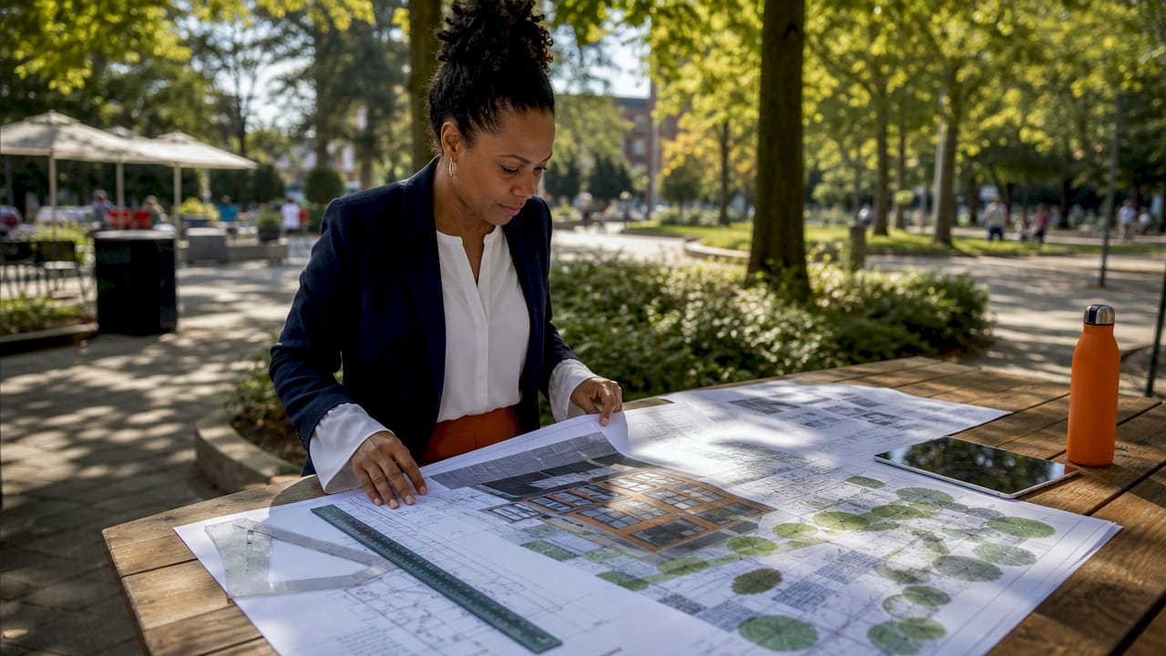 Architect reviewing grade A office blueprints