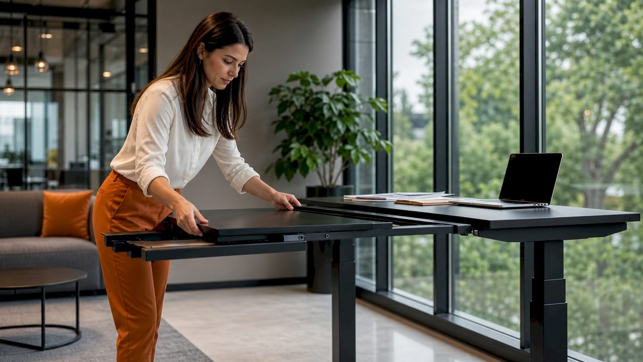 Office manager adjusting telescopic beam desk width