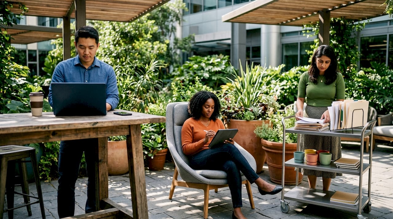 Employees collaborating in activity-based workspace