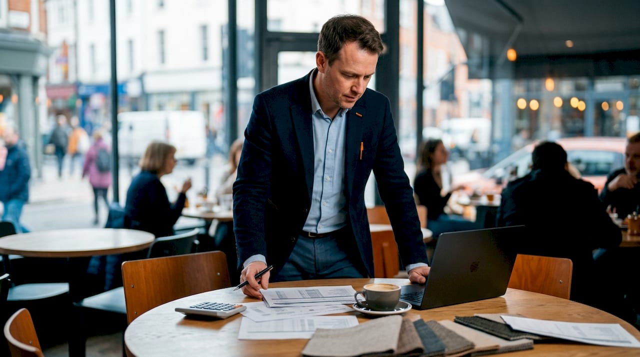 Procurement manager reviewing bulk furniture order sheets