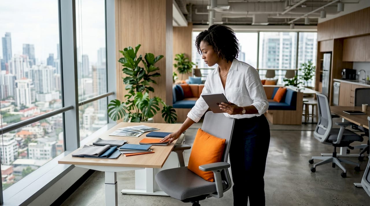 Woman arranging ergonomic office furniture in bright office