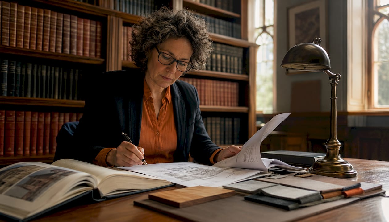 Heritage consultant reviewing furniture compliance papers