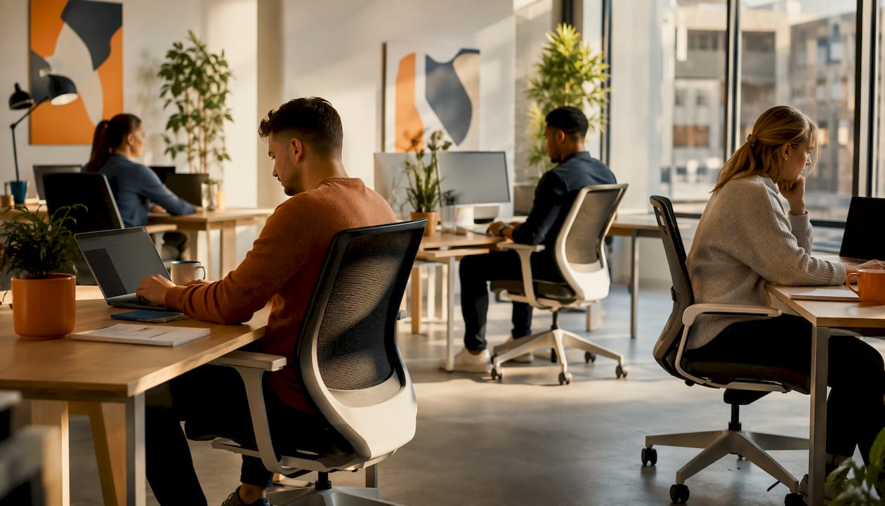 Diverse workers in UK open desking office space