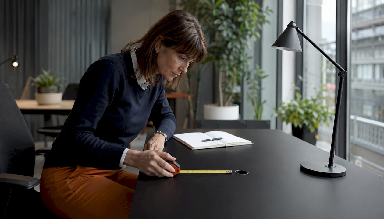 Office furniture planner inspecting cable port in desk