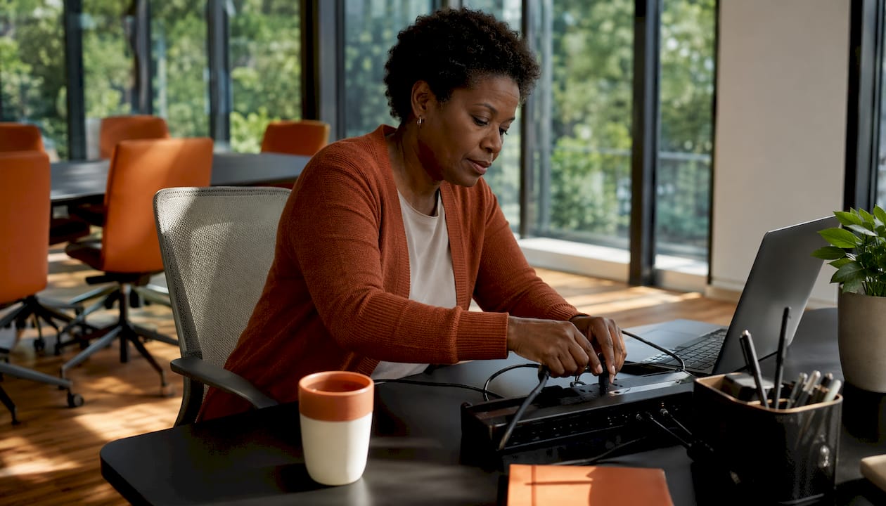 Facilities manager handling desk power management